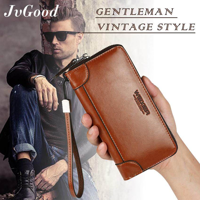JvGood Bifold Long Wallet  Retro Fashion PU leather Zipper Coin Purse Card Holder Wallet for Men Business