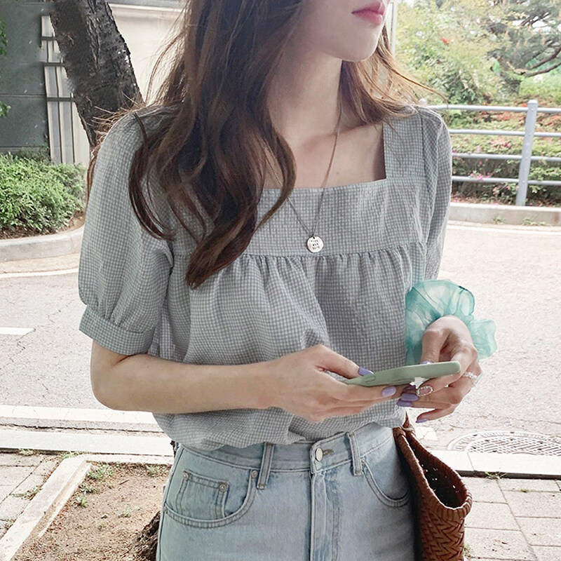 Linki ˇ Korean Fashion Short Sleeve Shirt Plaid Square Neck Women Blouse
