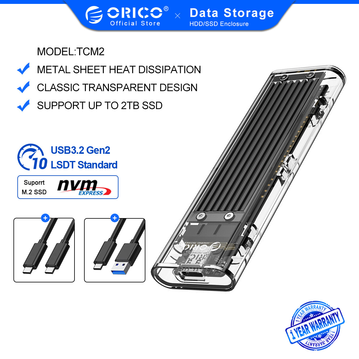 ORICO SSD Enclosure Transparent NVME M.2 to type-c external mobile hard Enclosure(TCM2-C3)