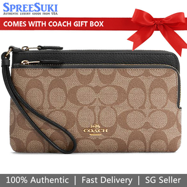 Coach Wristlet In Gift Box Large Wristlet Signature Canvas Double Zip Wallet Khaki Black # C5576