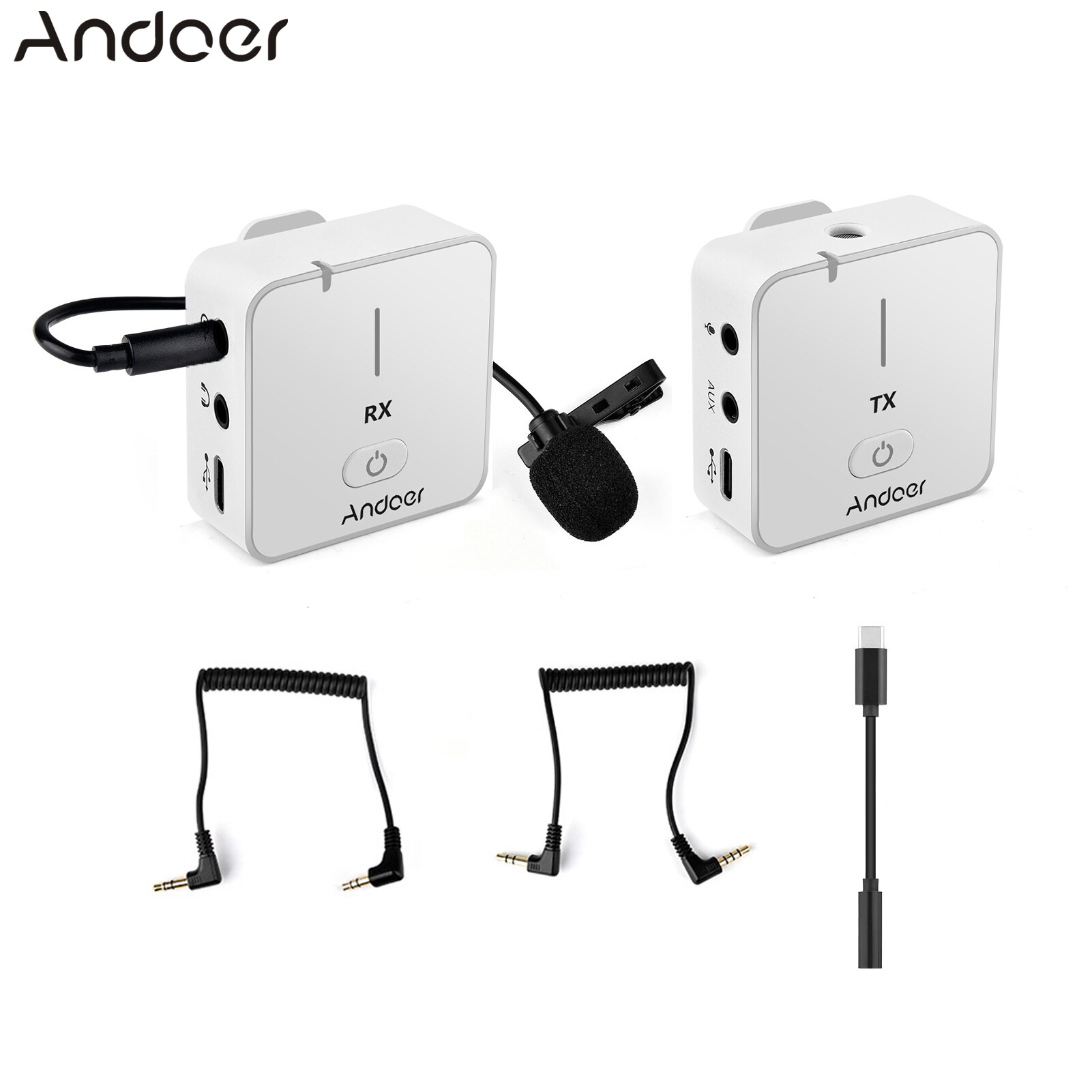 Andoer MX5 2.4G Wireless Recording Microphone System with Transmitter Receiver Clip-on Lavalier Mic 50M Effective Range Built-in BT for Type-C & 3.5mm Smartphone DSLR Camera DV Vlog Video Recording In