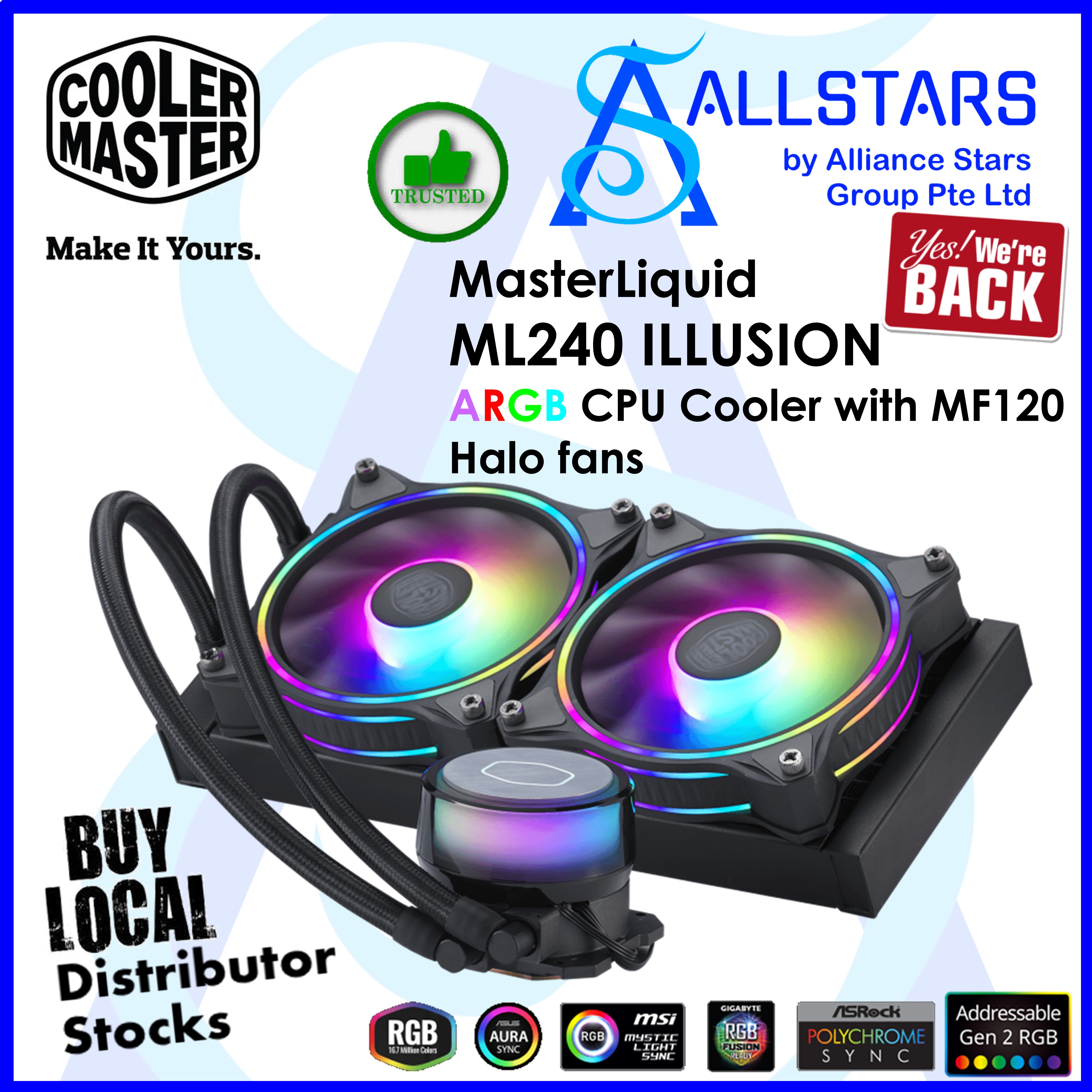 (ALLSTARS : We are Back Promo) CM / Cooler Master / CoolerMaster Masterliquid ML240 Illusion ARGB 240mm Liquid Cooler (MLX-D24M-A18P2-R1) (Warranty 2years with BanLeong)