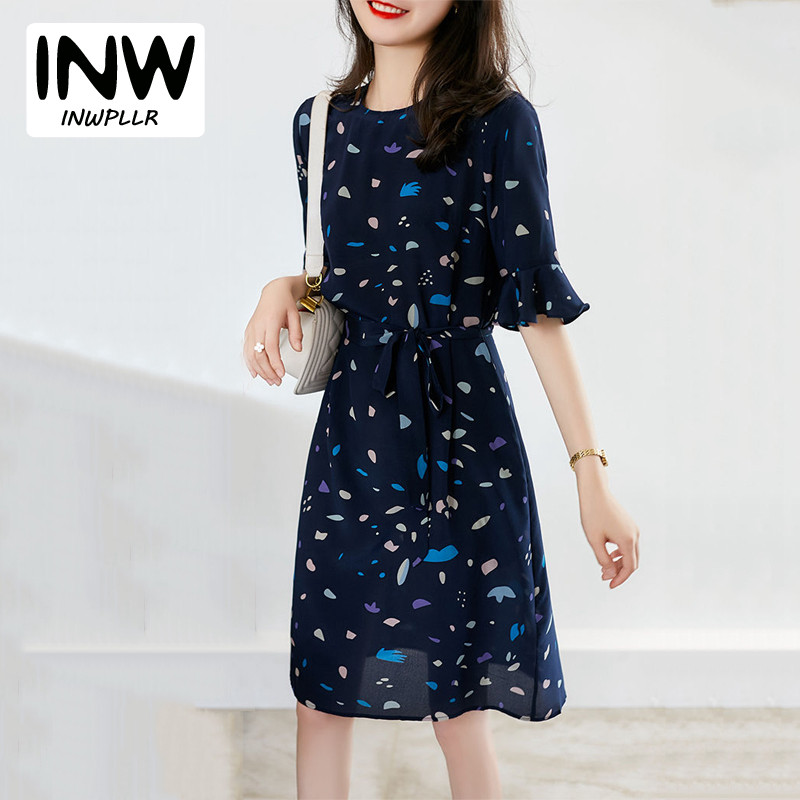 INWPLLR New Korean Dresses For Women Fashion Short Sleeves MIDI Dress Leisure Big Size Floral Printed Dress Female