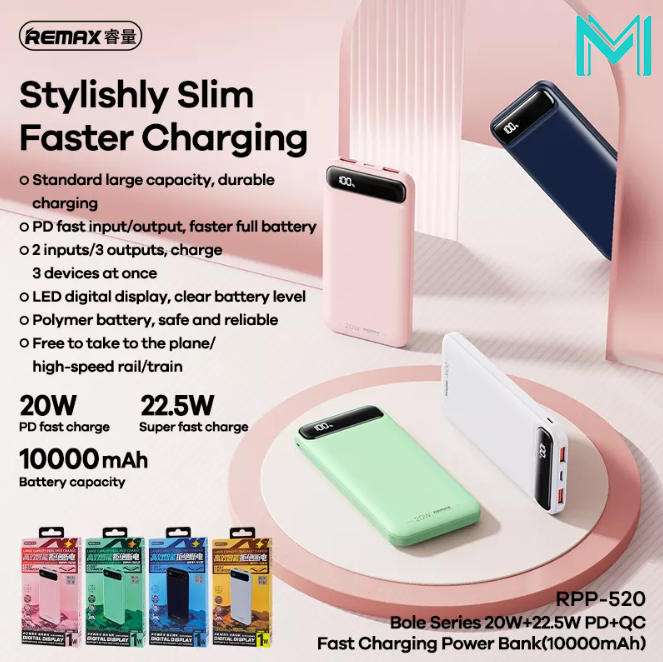 REMAX POWER BANK BOLE SERIES 2USB + TYPE-C 22.5W 10000mAH remax rpp-520/rpp-521/rpp-522