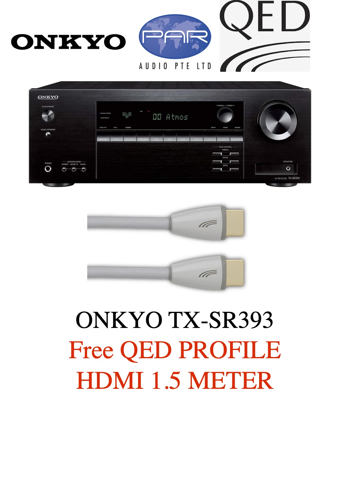 ONKYO TX-SR393B 5.2 CHANNEL AV RECEIVER (BLACK) FREE QED PROFILE HDMI 1.5M