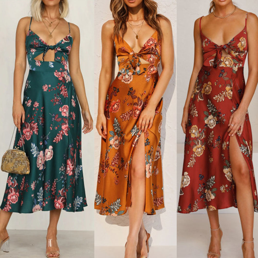 Women Sexy V-neck Suspender Dress Classic Bowknot Printing A-line Skirt Summer Backless Sleeveless Beach Long Dress