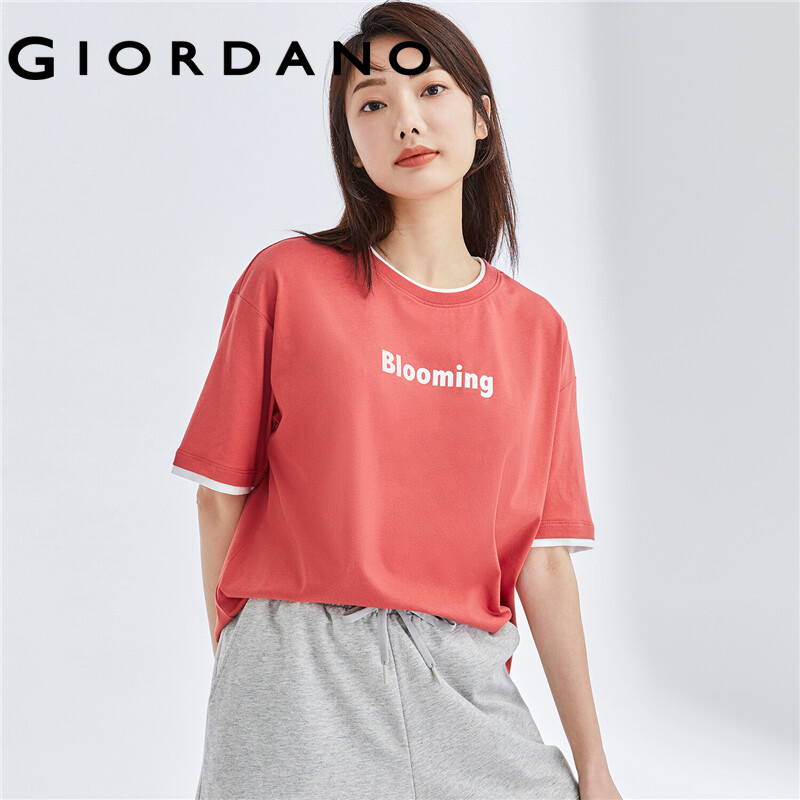 GIORDANO Women T-Shirts Letter Print Fake 2-Piece 100% Cotton T-Shirts Summer Short Sleeve Loose Relaxed Basic T-Shirts 05322390