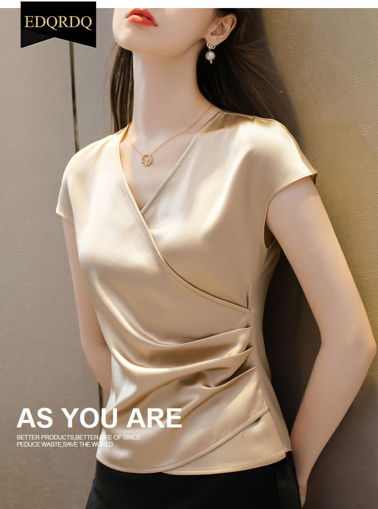 EDQRDQ Women's Casual Satin Silk Cross V Neck Wrap Tee Ruched Fold Shirt Elegant bishop Sleeve Blouse