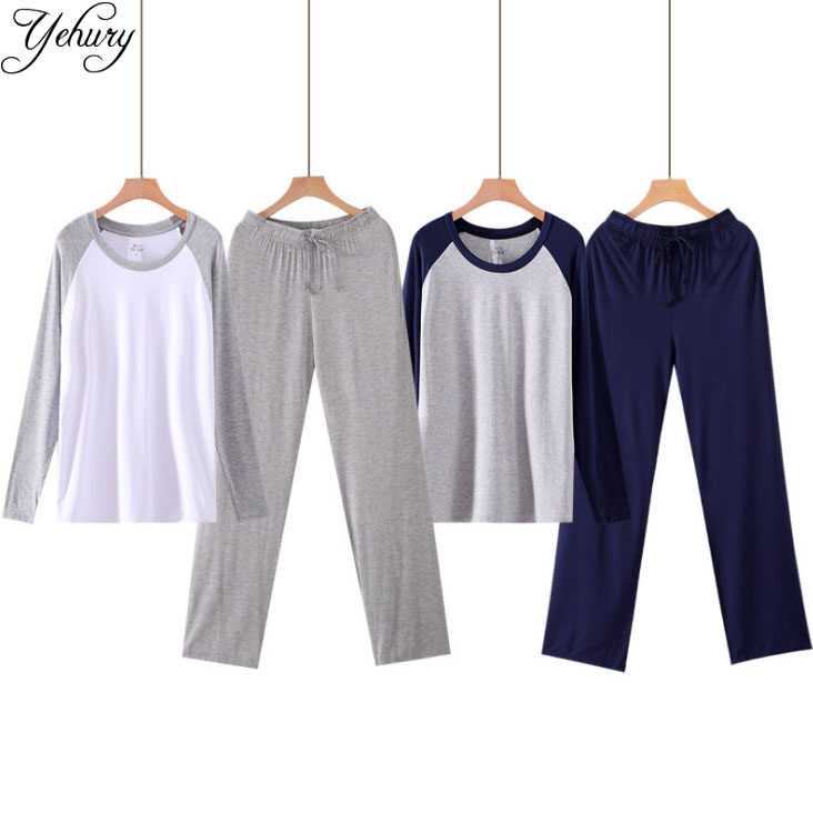 Yehury Autumn Mens Pajamas Set Long Sleeve Casual Soft Shirt Sleep Bottom Pants 2pcs Set Men Bamboo Fiber Home Clothes Plus Size Father's Gift