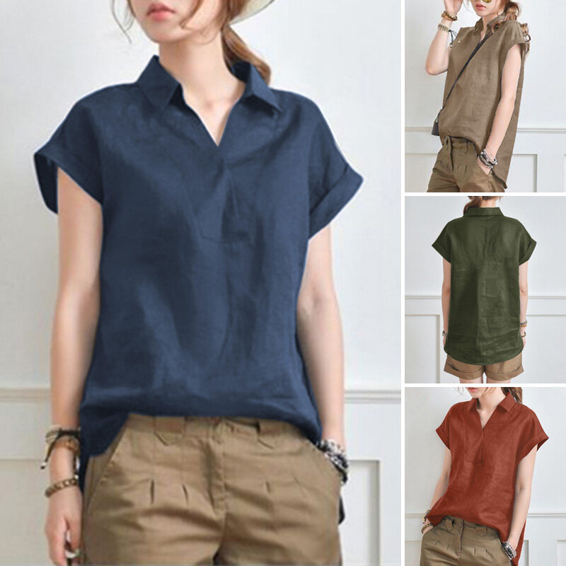 Forevercan ZANZEA Women Short Sleeve V Neck Shirts Summer Cotton Linen Casual Plain Tops Blouse