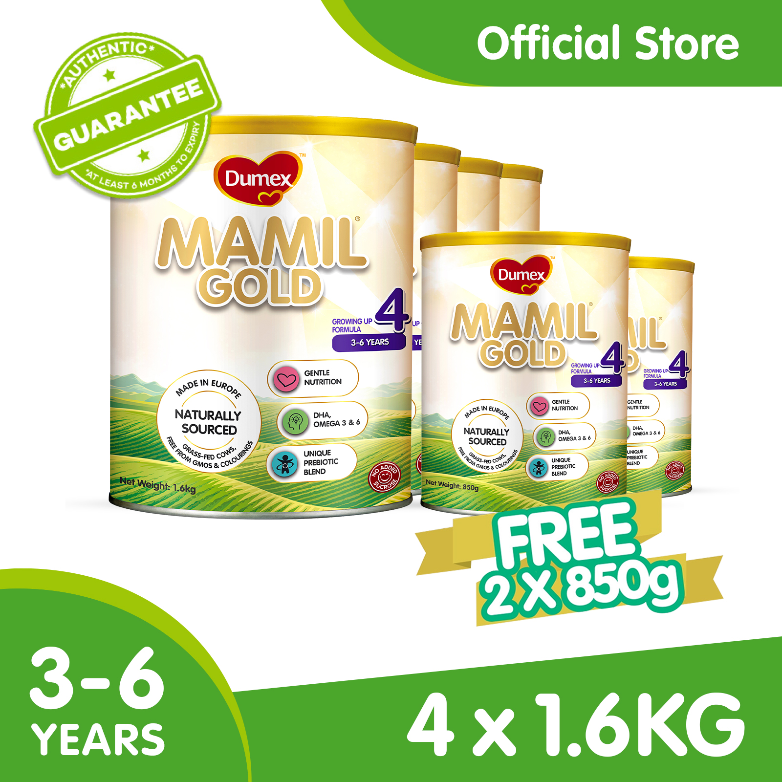 Dumex Mamil Gold Stage 4 Growing Up Kid Milk Formula (1.6kg) x 4 + Free 850g x 2