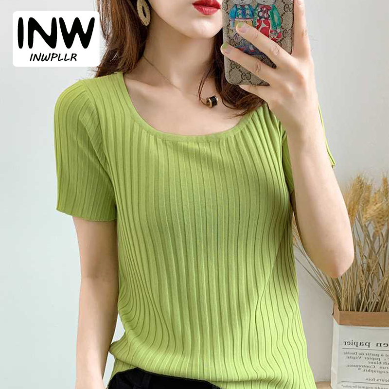 INWPLLR Ice Silk Knitted T-shirts Women Short Sleeved Square-neck Tops Summer All-match Simple Solid Tshirt Ladies