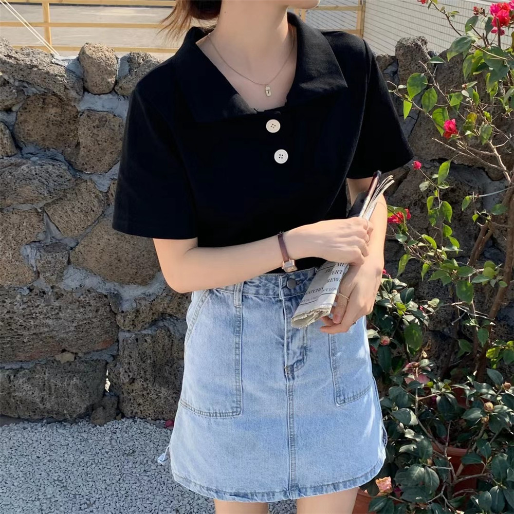 Women Clothing New Retro Pure Color All-match Short-sleeved Lapel Polo T-shirt
