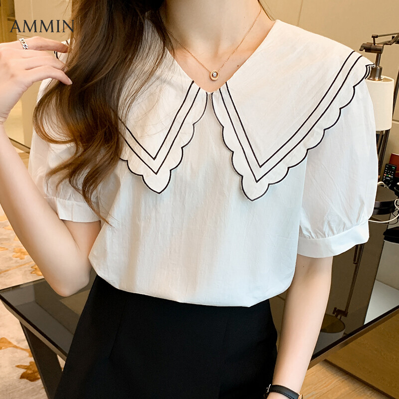 AMMIN Tops 2021 new double-layer doll collar personality design loose short-sleeved blouse female summer sweet and elegant temperament lantern sleeve plaid casual chiffon shirt