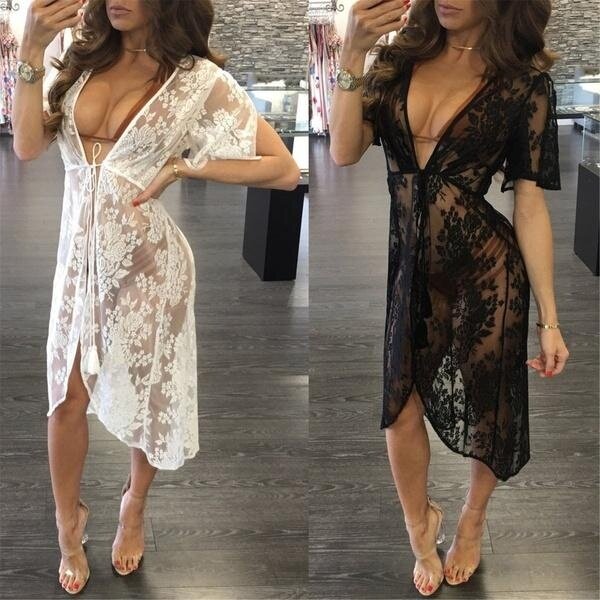 Summer y Women Lace Crochet Bikini Cover Up Swimwear Bathing Suit Summer Beach Dress