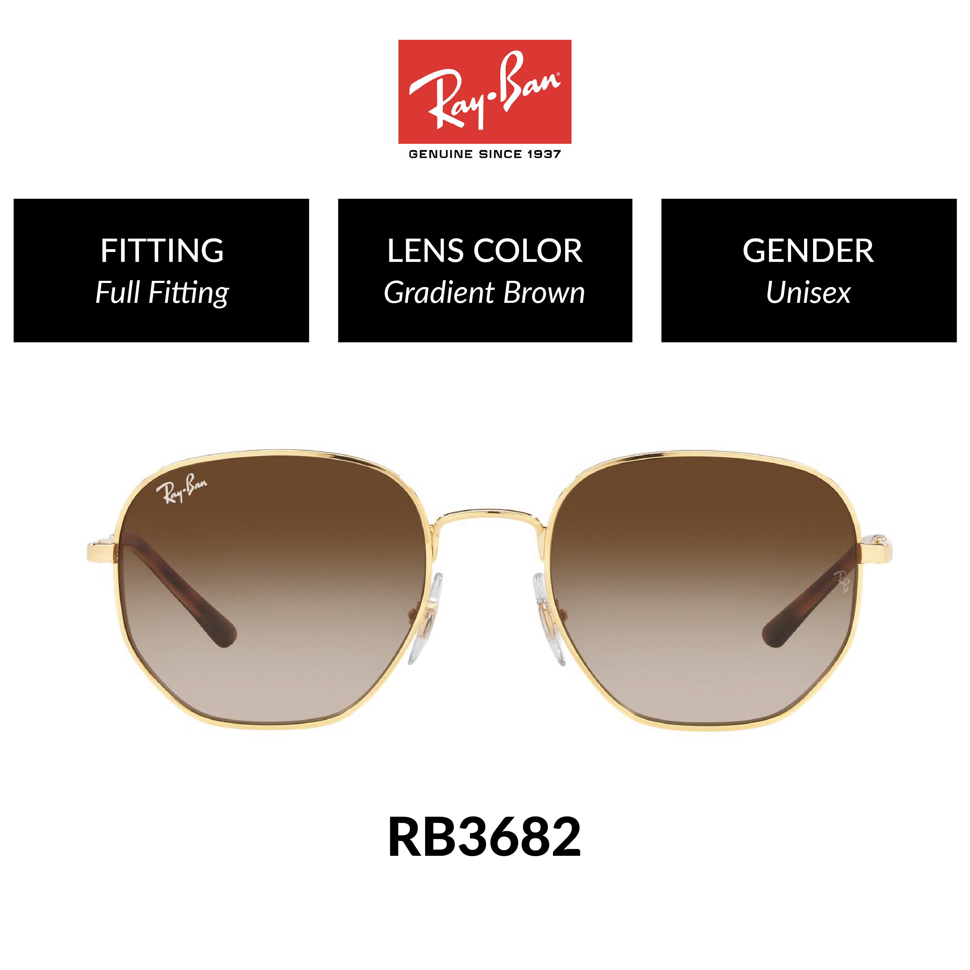 Ray-Ban  RB3682 001/13  Unisex Global Fitting  Anti-UV Sunglasses  Size 51mm