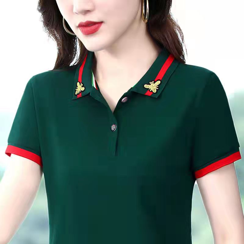 Retro Embroidery Casual Sport Short Sleeve Polo Shirt for Women Lapel T-shirts Stretch Classic Korean Style polo tee Female short sleeve Shirt Plus Size 100KG Fat Lady Can Wear