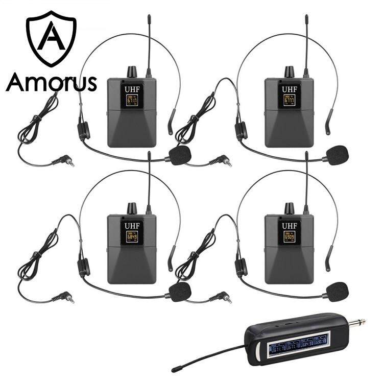 Amorus SHENGFU PRO-15CT Head Mounted and Lavalier UHF Wireless Microphone System with 1 Receiver + 4 Transmitters