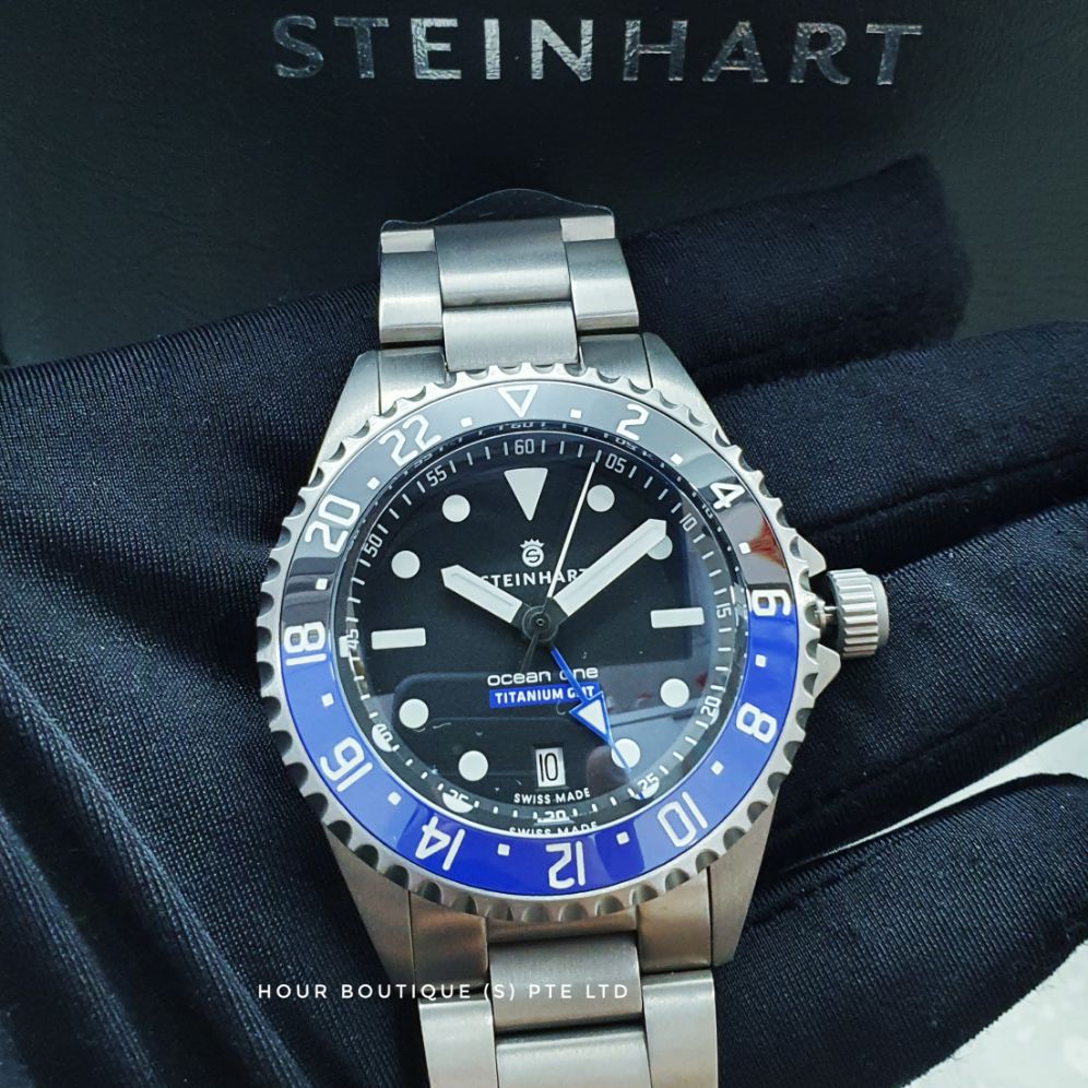Swiss Made Steinhart Ocean 1 Titanium Black Blue Ceramic Bezel GMT Men's Automatic Divers Watch
