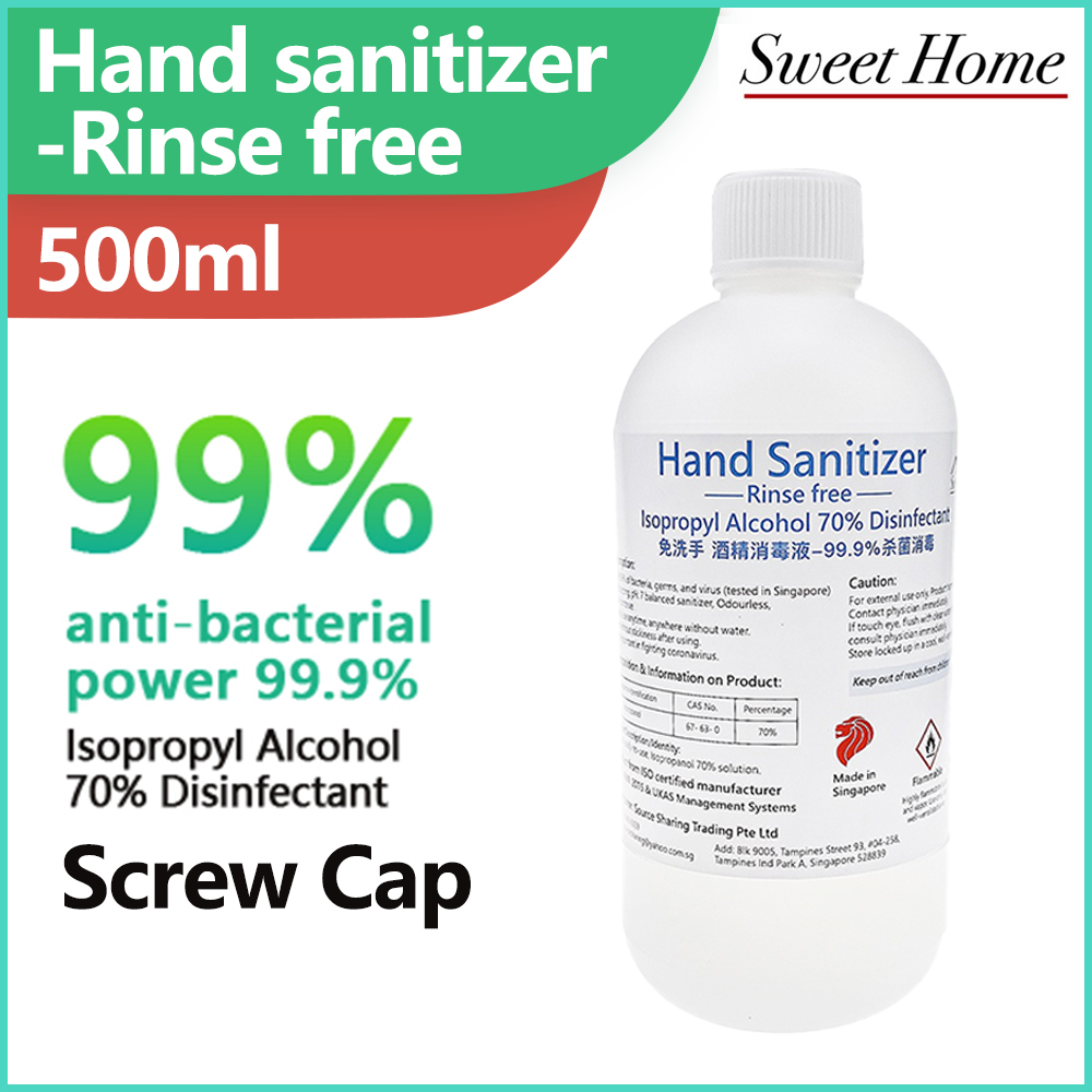 Hand sanitizer rinse free (moisturizing odourless & pH: 7)Isopropyl Alcohol Liquid disinfectant(kills 99.9% of bacteria) 500ml Screw Cap