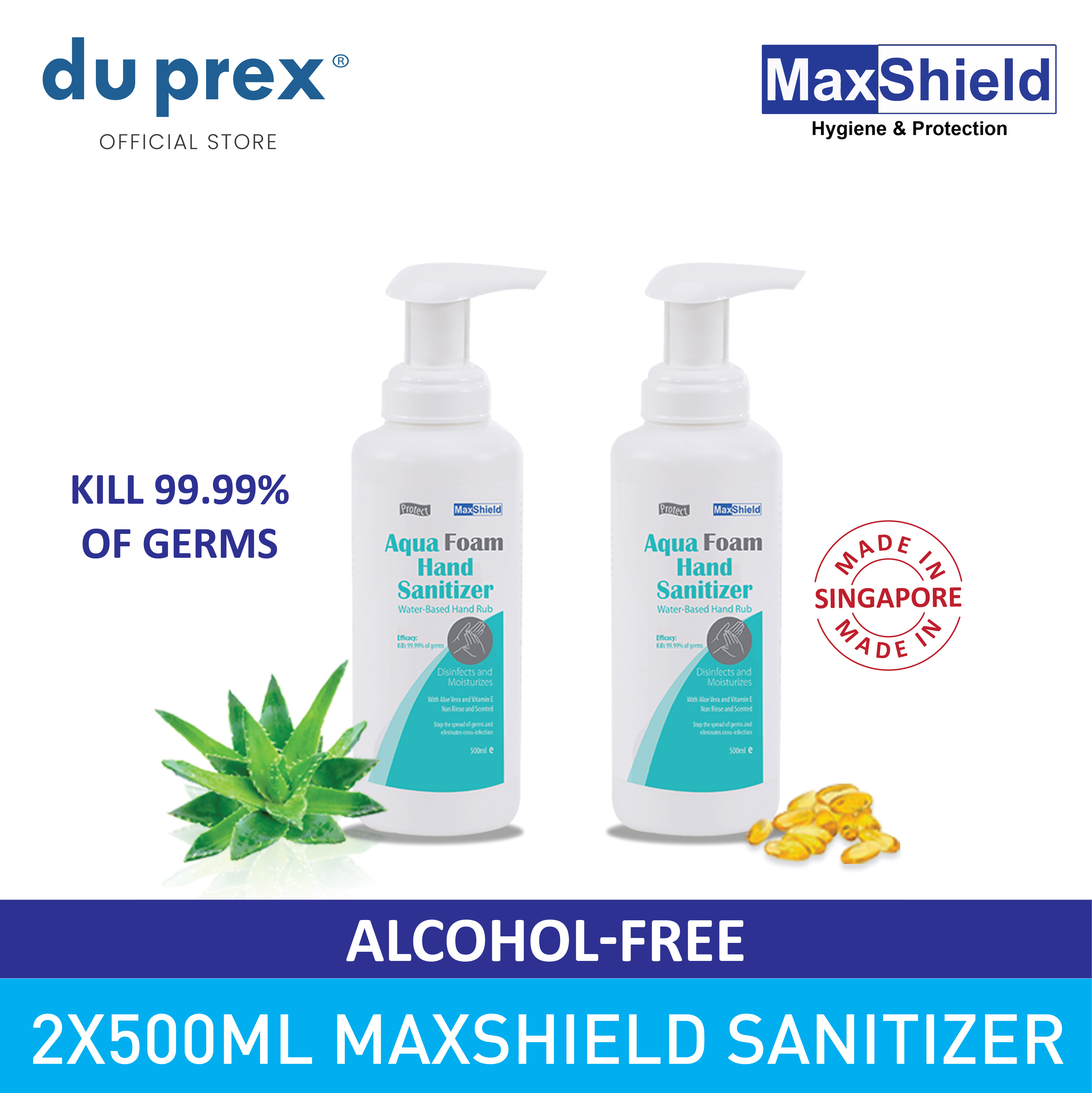 Maxshield Aqua Foam Hand Sanitizer Alcohol Free (2 x 500ml) / Suitable for sensitive skin / Kills 99.99% of germs / Made in Singapore