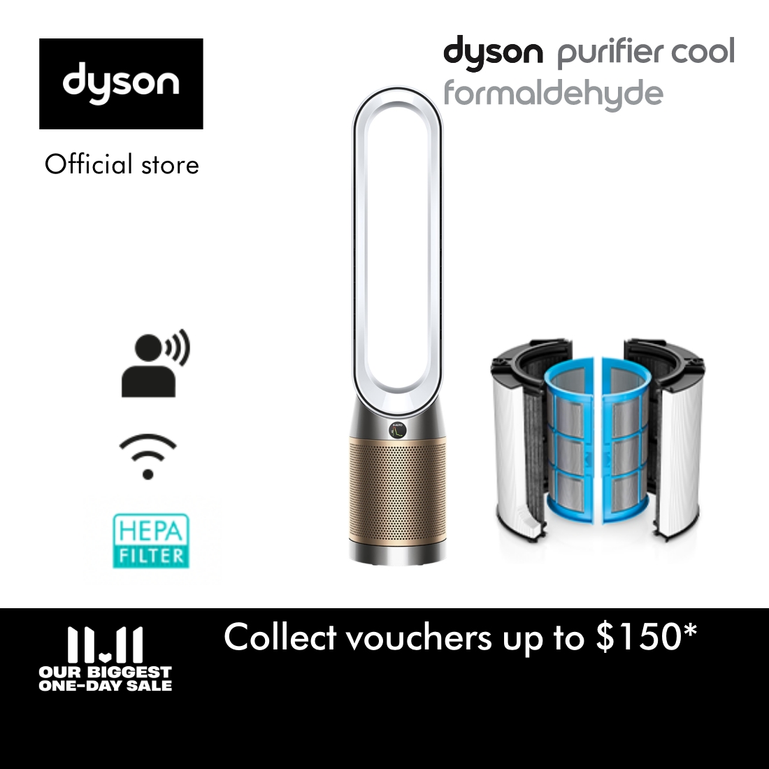 Dyson Purifier Cool ™ Formaldehyde Air Purifier Fan TP09 (White/Gold) with Dyson 360° Glass HEPA+Carbon Air Purifier Filter