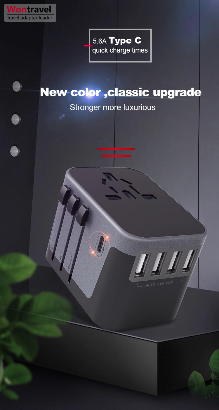 [SG Seller] Universal Travel Adapter All in One International Worldwide Wall Power Travel Adaptor with 4 USB Ports + 1 Type C Port Fast Wall Charger Plug (Black/ Black with Dark Grey/ Black with Silve