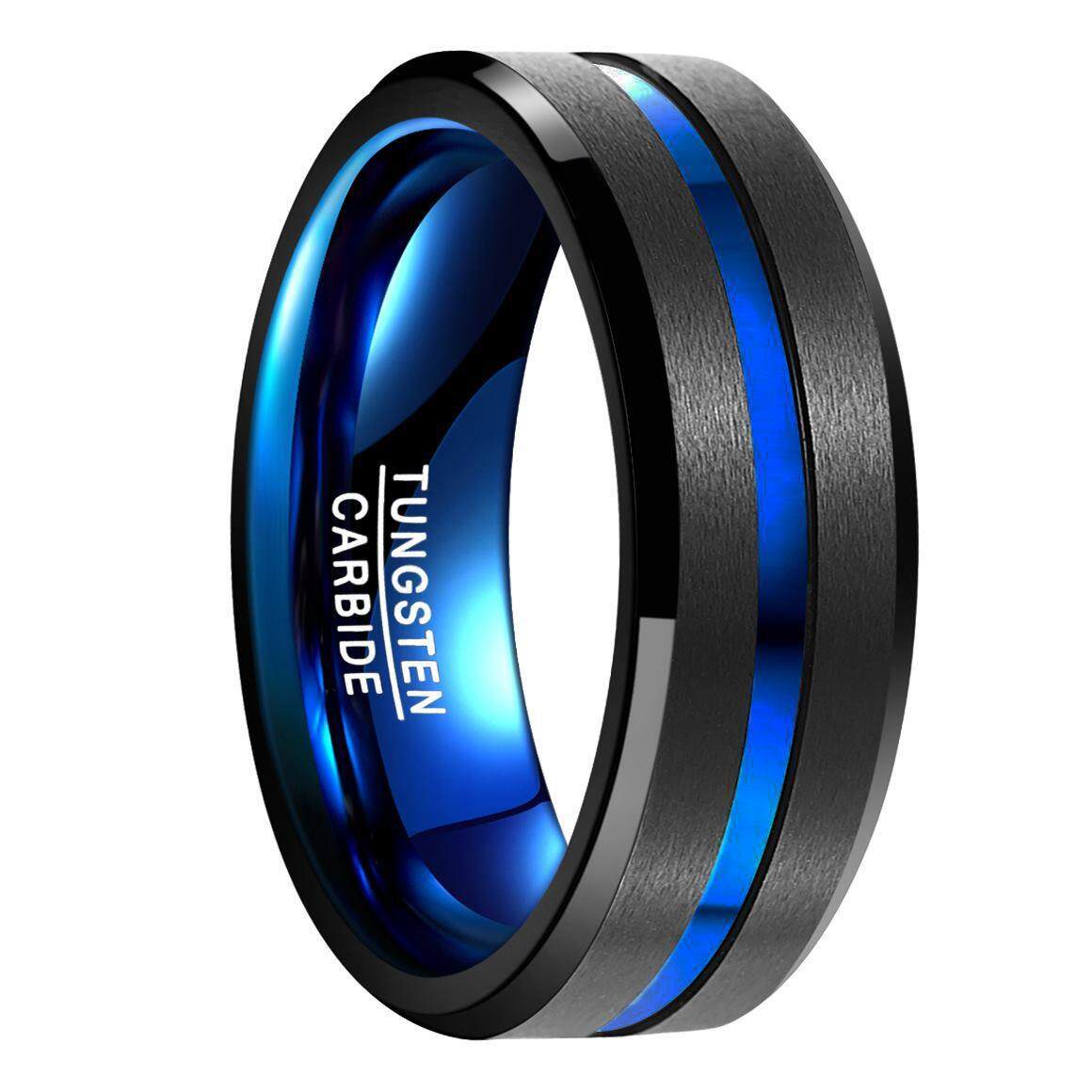 AVECON 【Support Engrave】8MM Tungsten Carbide Ring Balck and Blue Domed Brushed Finish