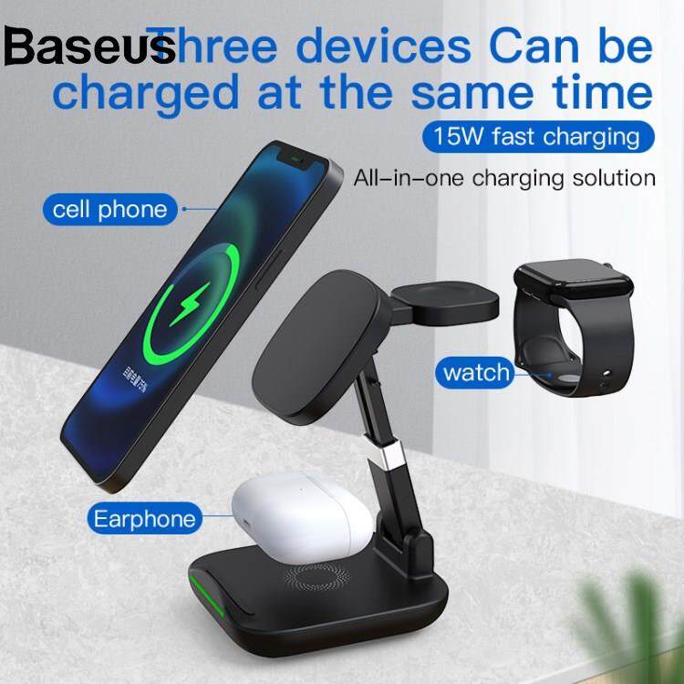 Baseus YF-T9 3-in-1 15W Magnetic Wireless Charger Cellphone Smartwatch Earphone Fast Charging Dock Stand