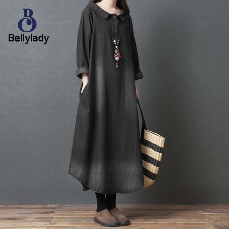 Women Denim Shirt Dress Fashion Lapel Long Sleeves A-line Skirt Loose Large Size Midi Skirt