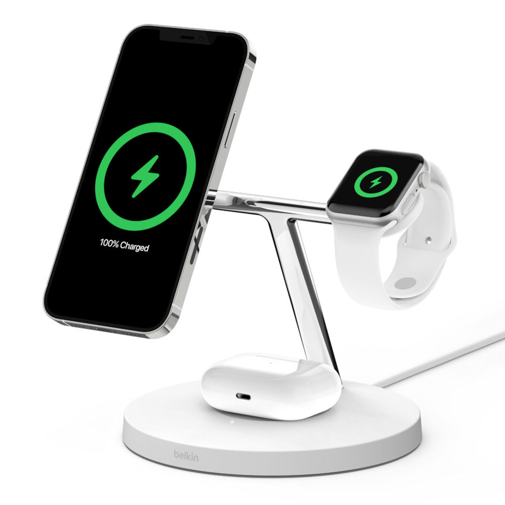 BELKIN BOOST 15W CHARGE PRO 3-IN-1 WIRELESS CHARGER STAND WITH MAG-SAFE WHITE