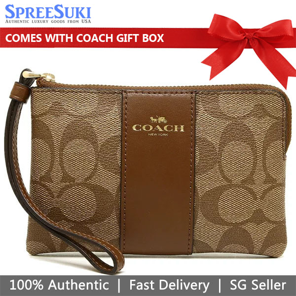 Coach Wristlet In Gift Box Small Wristlet Corner Zip Wristlet In Signature Coated Canvas With Leather Stripe Khaki / Saddle Brown # F58035