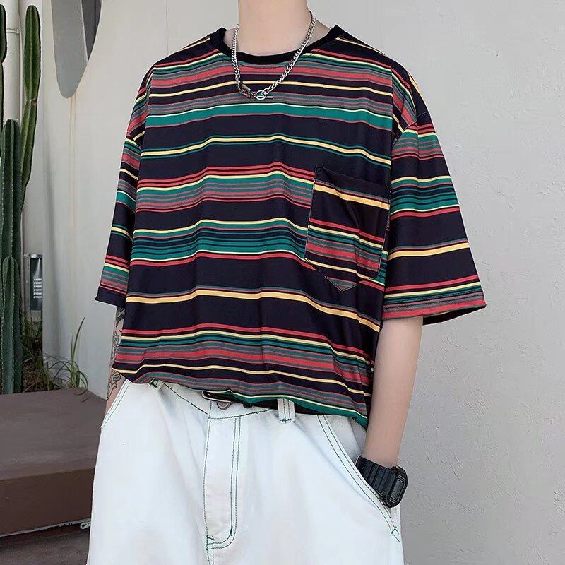 t shirt Men Korean Street Style Oversize Short Sleeve Fashion Tops Casual Stripe Print t-shirt