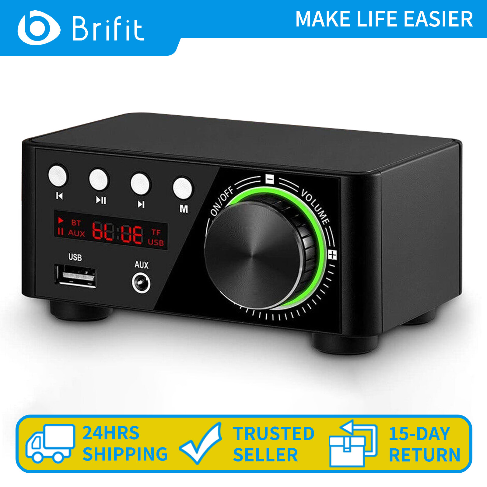 Brifit Digital Bluetooth Mini Power Amplifier 5.0 Bluetooth Power Amplifier Mini Audio Amplifier Music Player HiFi Audio Support 3.5mm Stereo, U Disk, TF Card and other audio inputs(with US, EU adapte