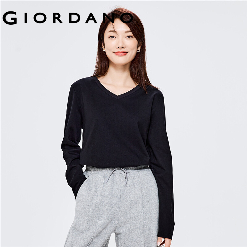 GIORDANO Women T-Shirts V-Neck Classic Plain Color Simple Basic T-Shirts Long Sleeve 100% Cotton Casual Comfy T-Shirts 13322759