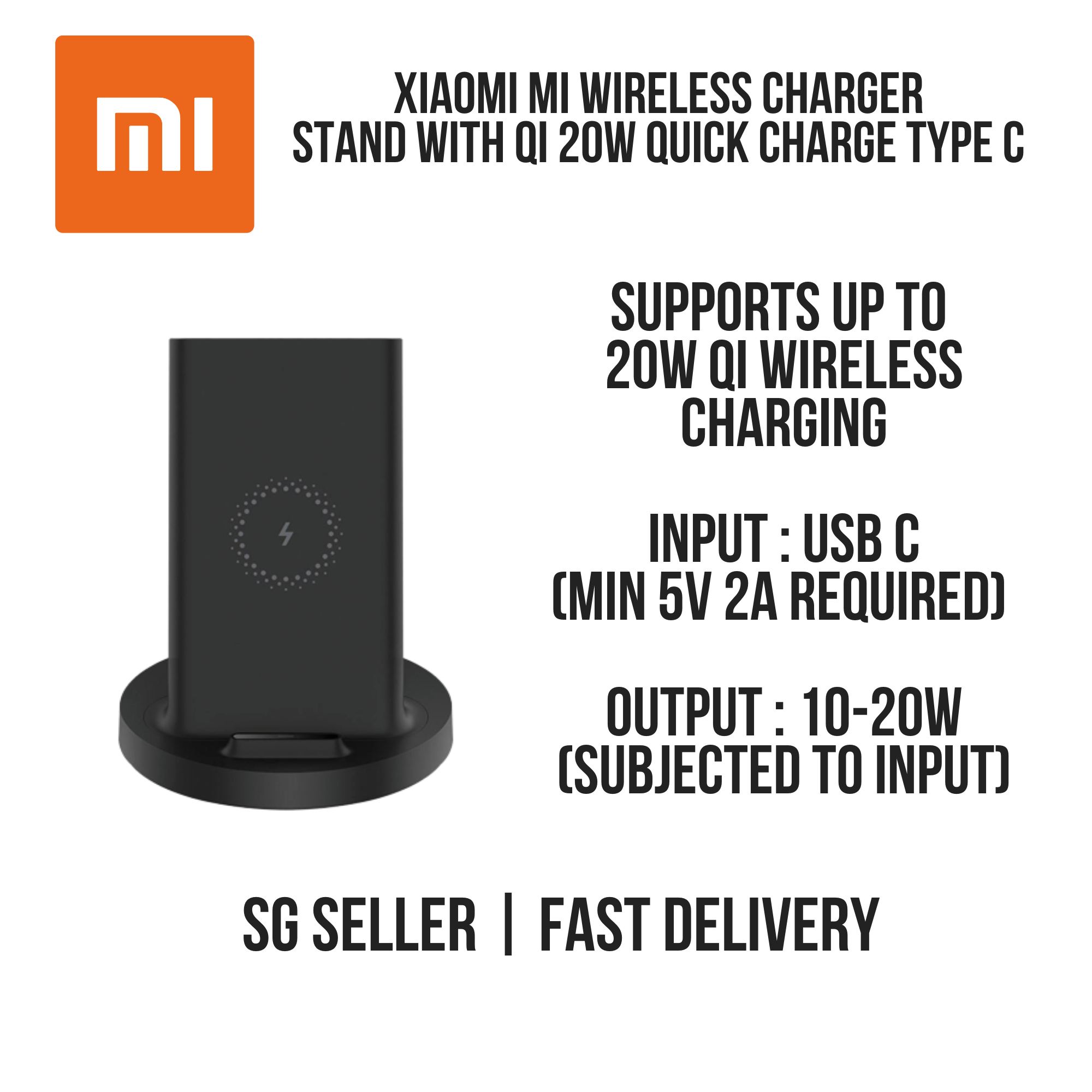 Xiaomi Vertical Wireless Charger 20W Max Type C Input (Qi Wireless Charging Compatible)