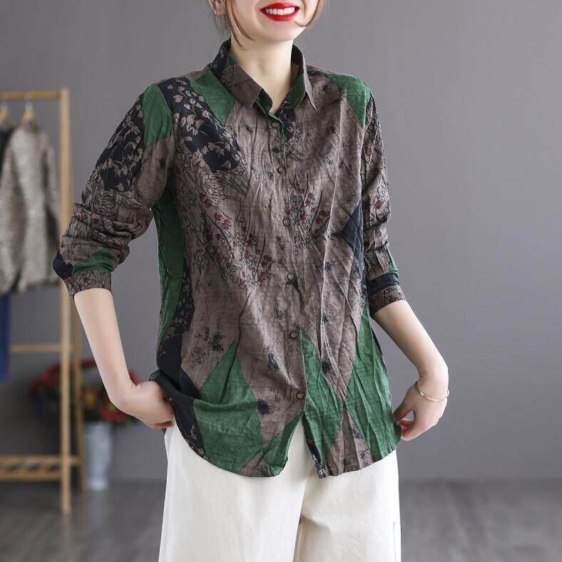 EDQRDQ Women's Long Sleeve Cotton Linen Shirt Button Down Floral Print Blouse Long Sleeve Tunic Tops