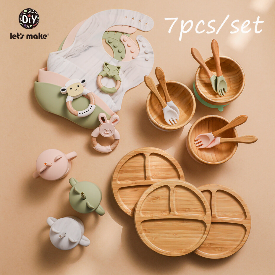 Let's Make Baby Meal Feeding Set 7pcs/set Natural Bamboo Plate,Bowl with Suction 100% Safe Silicone Teether Toy Toddler Gift Set