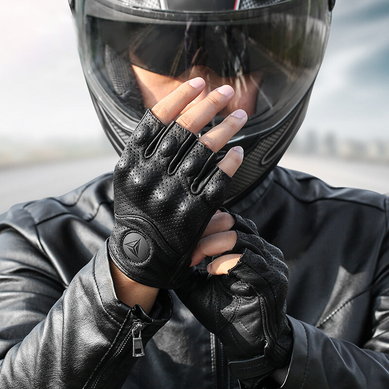 SltcrPasion Half Finger Riding Motorcycle Gloves Sheepskin Leather Moto Cycling Fingerless Gloves Tactical Retro Anti Slip Wrist Adjustable Motowolf