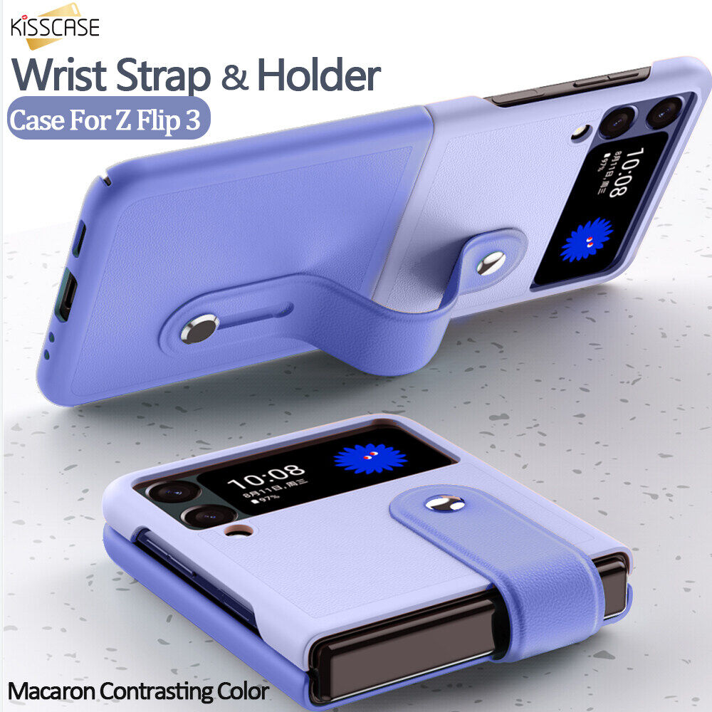 [Retractable Wrist Strap Bracket] KISSCASE for Samsung Z Flip 4 Z Flip 3 Contrasting Color Adjustable Wrist Strap Holder Leather Case 180° Folding  Phone Holder Case for Samsung Galaxy Z Flip 3 5G