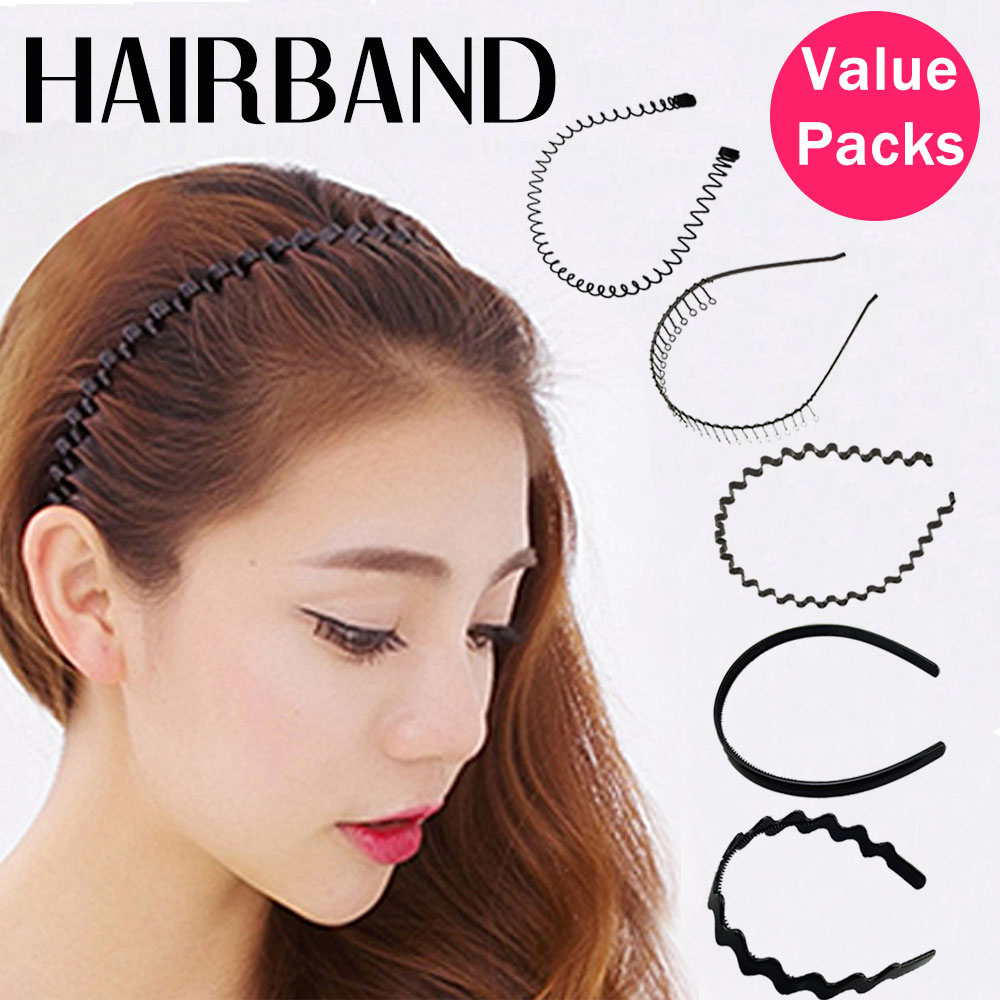 Elitrend Value Pack 5pcs Simple Hair Band Unisex Basic Daily Essentials Metal Plastic Spring Spiral Wave Tooth Design Head ware Hoop Band Hairbands Hairband Hair Styling Fashion Accessories