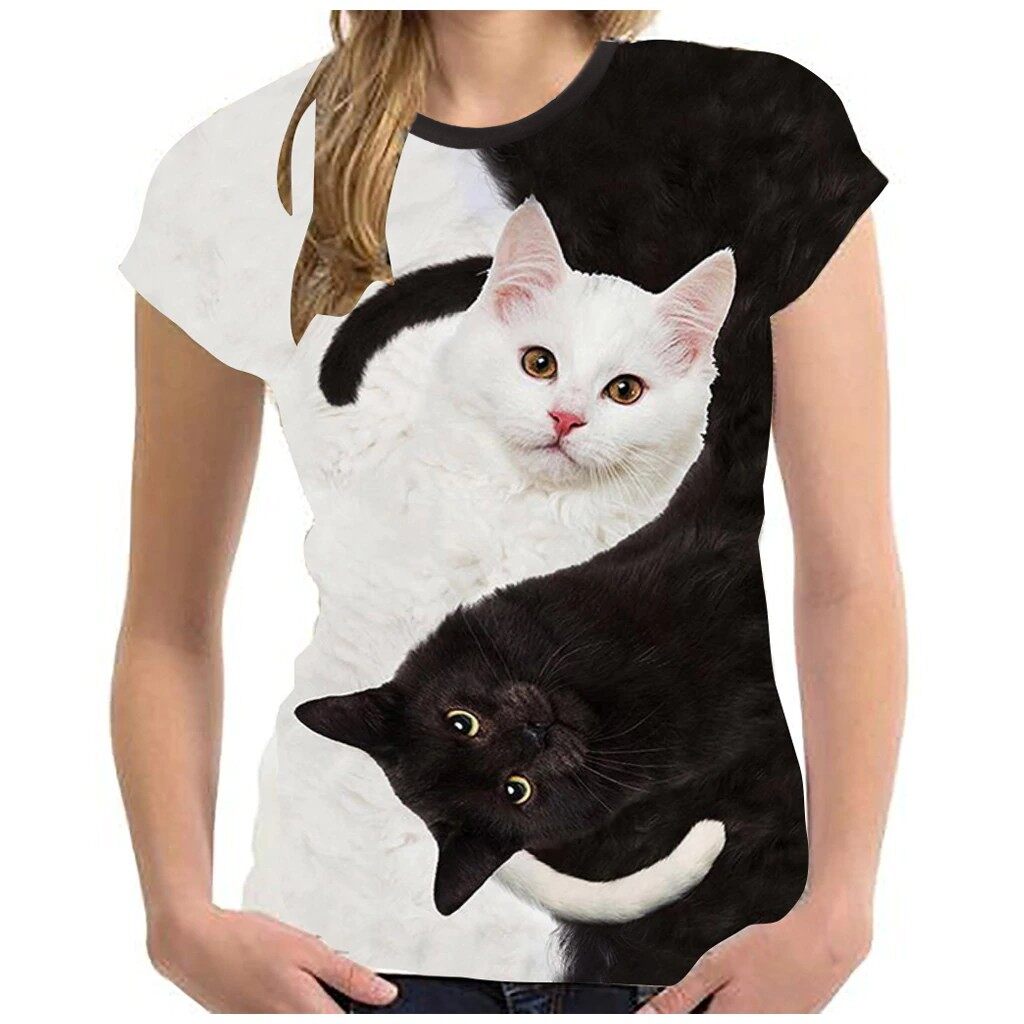 New Korean Style Womens Fashion 3D Cat Print Casual T-Shirt Summer Short Sleeve O-neck T Shirts