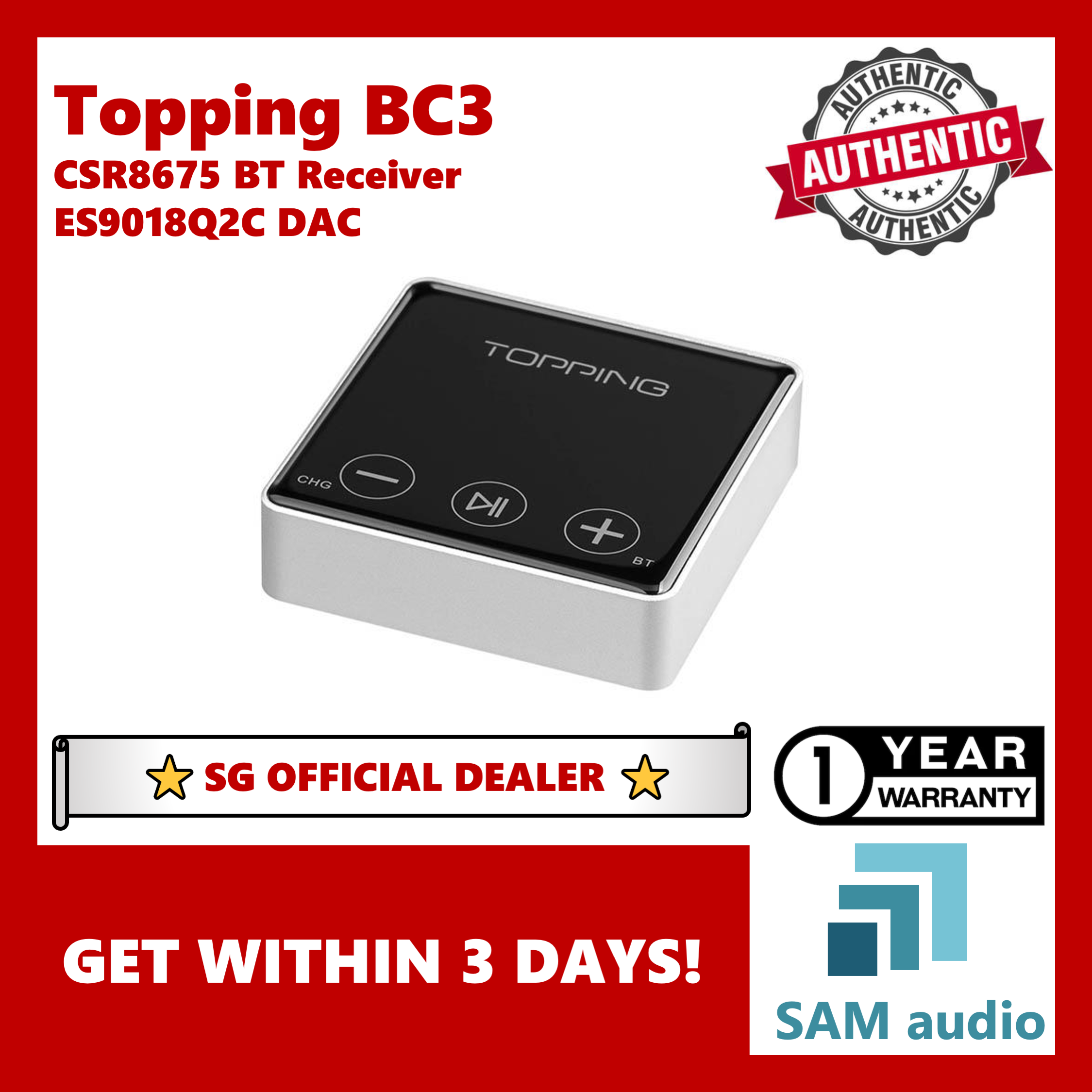 [?SG] Topping BC3, ES9018Q2C DAC, Wireless Bluetooth Hi-Res, Aptx HD + LDAC, BT Receiver / DAC, Hifi Audio