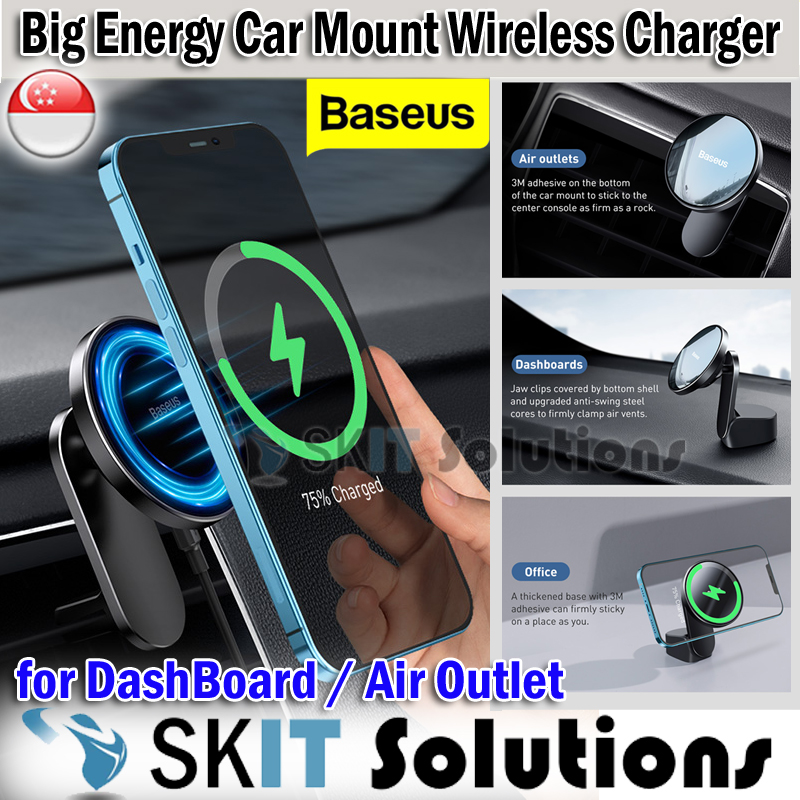 Baseus Big Energy Car Mount 15W Wireless Charger for iPhone 12 / 12 Pro / 12 Pro Max,  2 in 1 Magnetic Mobile Phone Holder for Dashboard or Aircon Air Vent Outlet