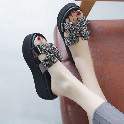 Women Shoes Shop Sparkling Beads Strap Wedges High Heels