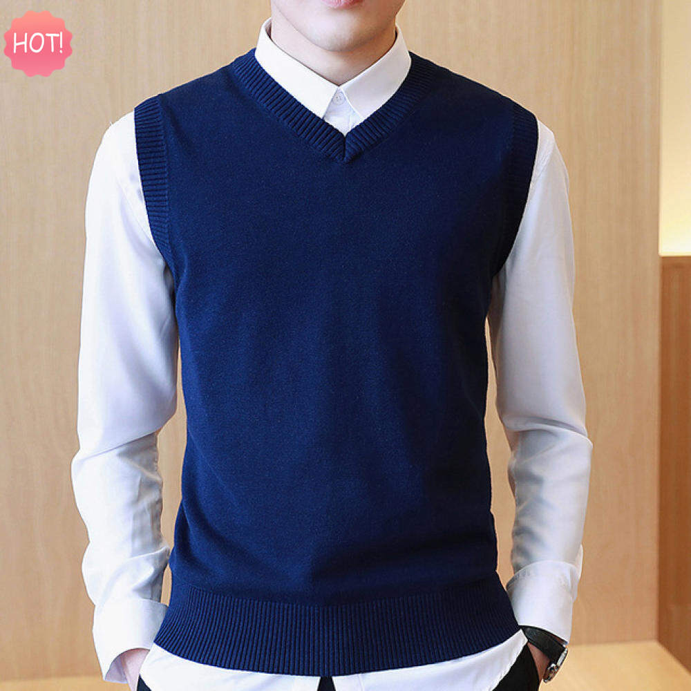 LUX ANGNER Sweater Men 100% Cotton Solid V Neck Vest Sweaters Men Fashion Knitted Sleeveless Pullover Sweater Casual Men Male Clothes