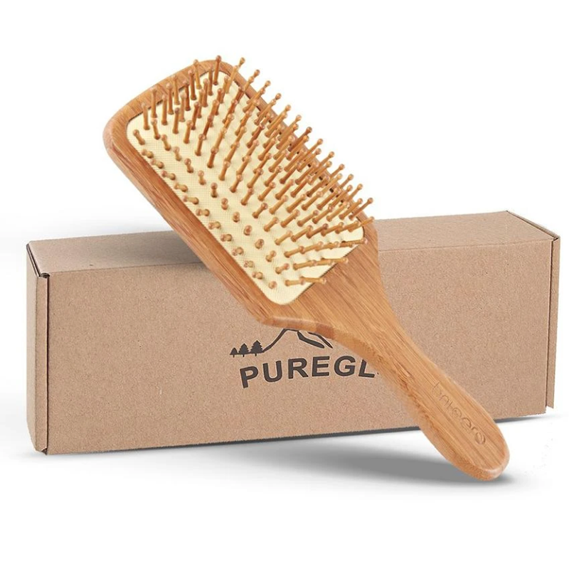 PureGLO Natural Bamboo Paddle Scalp Massage Hair Brush Square Large No-static Handmade Wooden Hair Brush For Men Women And Kids pet comb brush