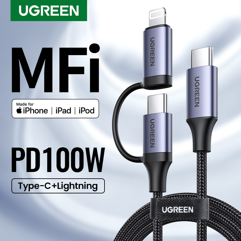 UGREEN 2-IN-1 PD100W Fast Charging Cord With Type-C Lightning Plug MFi PD20W for iPhone 14 13 Pro Max iPhone 14 Plus iPhone 12 11 Pro Max SAMSUNG S22 Ultra S21+,  Pixel