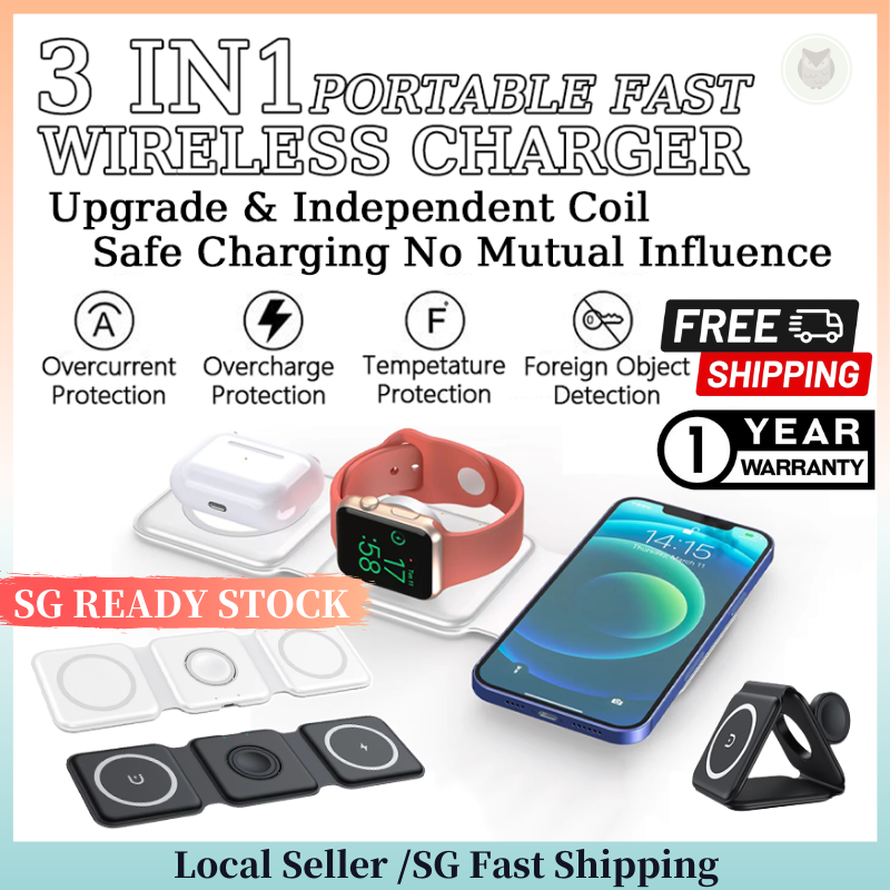 ?SG READY STOCK Foldable 3 in 1 Wireless Charger for Phone/Airpod/iWatch Portable Fast Chargers