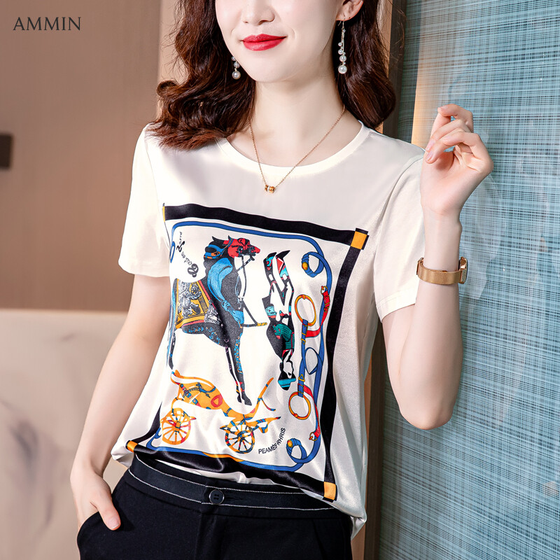 AMMIN 2021 new silk T-shirt women loose short sleeves unique positioning printing white round neck top blouse